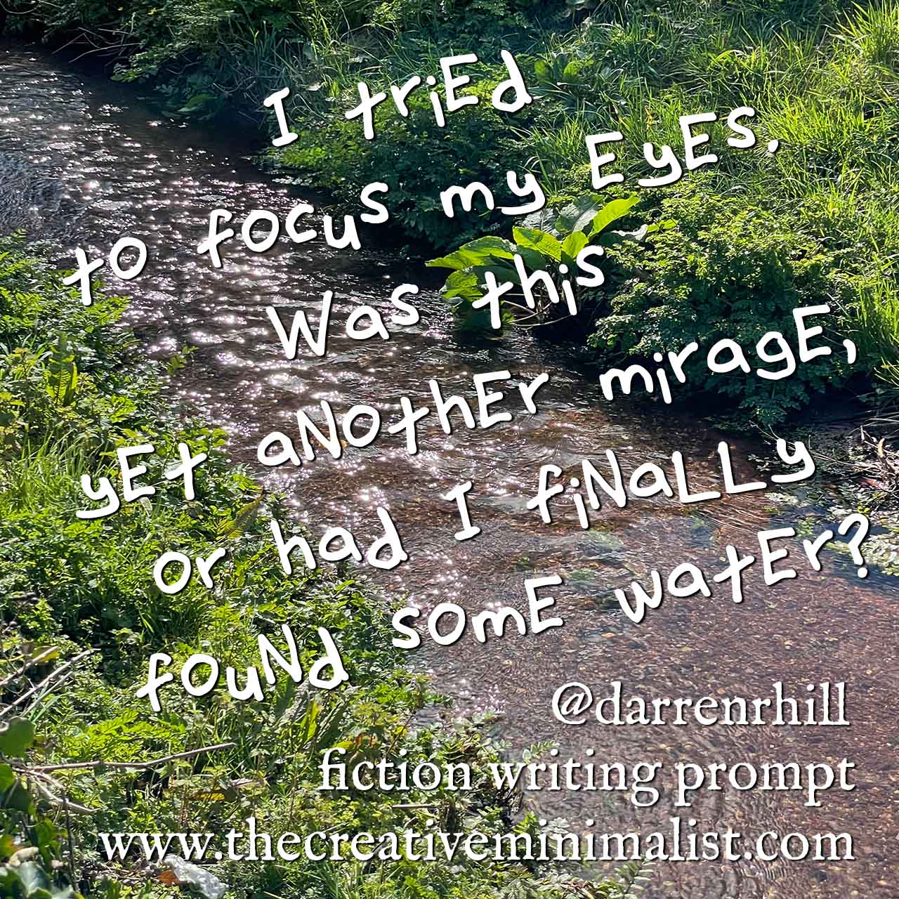 I tried to focus my eyes. Was this yet another mirage, or had I finally found some water? fiction writing prompt