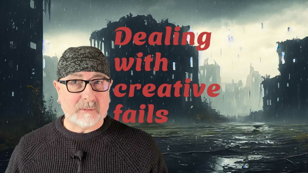 Dealing with creative fails text with an image of me in front of a dystopian landscape
