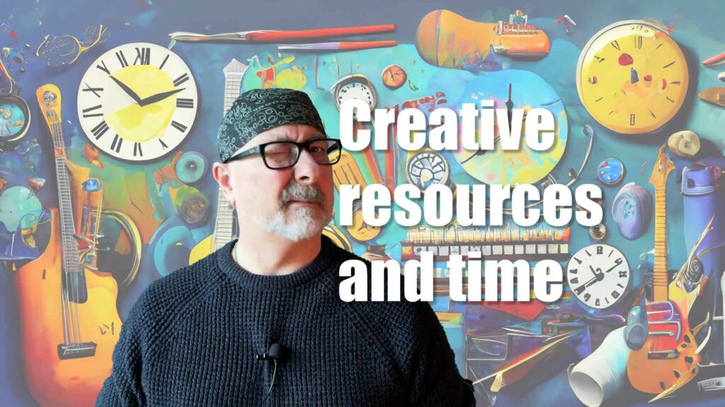 Creative resources and time text with me and an abstract image of clocks, art supplies and musical instruments
