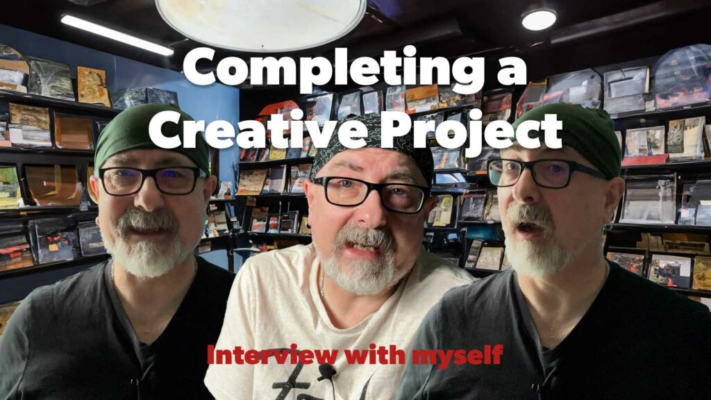 Completing a creative project text and interview with me text, with three pictures of me in a record shop