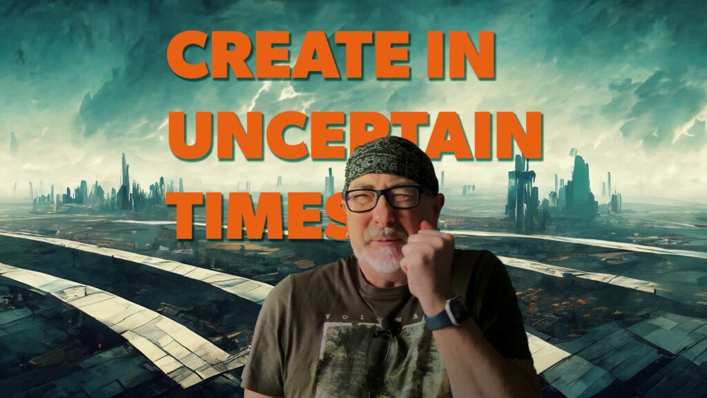 Create in uncertain times text with an image of me in front of a dystopian world