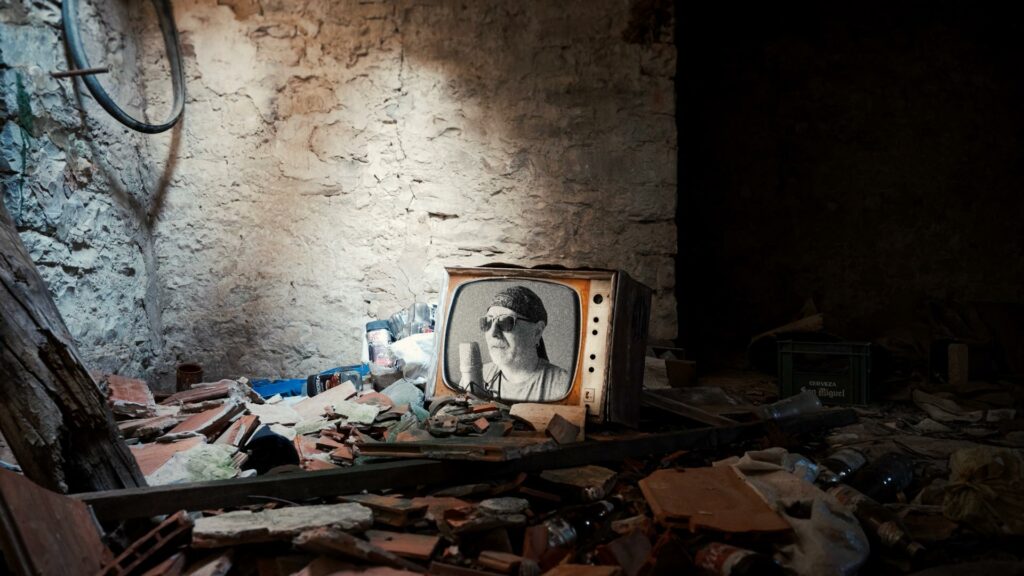 We're not actors music video screen shot. Black and white me on a TV screen in a derelict room.