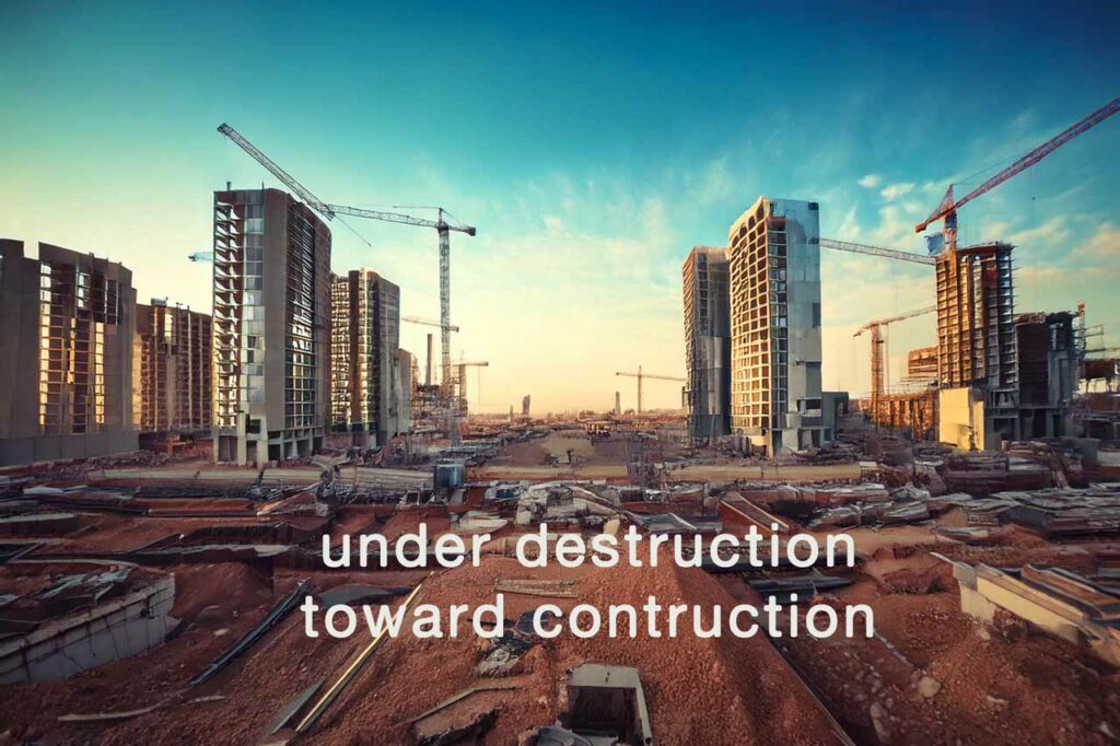 under destruction toward construction text in front of a building site
